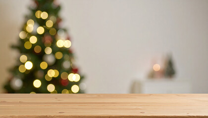 Empty Wooden Table in Front of Blurred Christmas Tree with Warm Lights