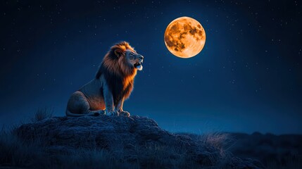 Lion howls at moon in surreal dark landscape
