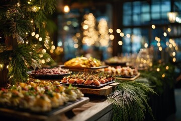 Gourmet Christmas Buffet with Elegant Appetizers and Festive Lights