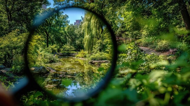 Magnifying glass focusing on a forest pond surrounded by green trees and vegetation under a clear sky.