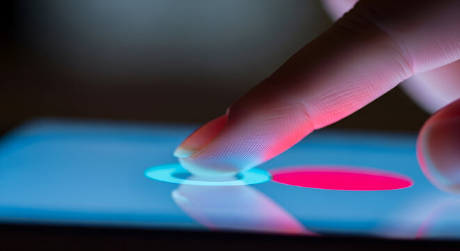 Finger Touching a Glowing Digital Interface Keywords: finger, touch, screen, digital, interface - Powered by Adobe