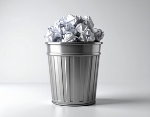Silver waste bin overflowing with discarded crumpled paper, symbolizing errors, failed ideas, or environmental waste management
