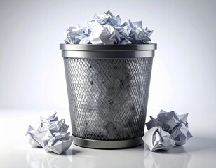 Metal mesh trash can overflowing with crumpled paper, symbolizing discarded ideas, creative blocks, and the concept of waste