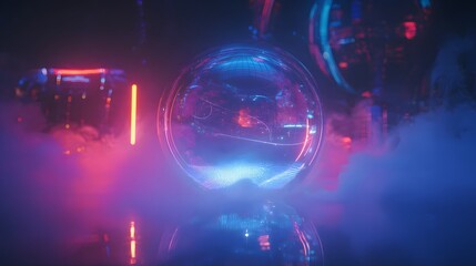 Glowing Orb in Cyberpunk Cityscape A Futuristic Design Concept with Neon Reflections