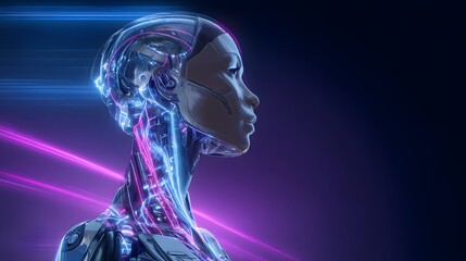 Futuristic cyborg woman embodies advanced AI technology with glowing neural network design