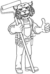A wildcat painter decorator handyman cartoon construction man mascot character holding a paint roller tool