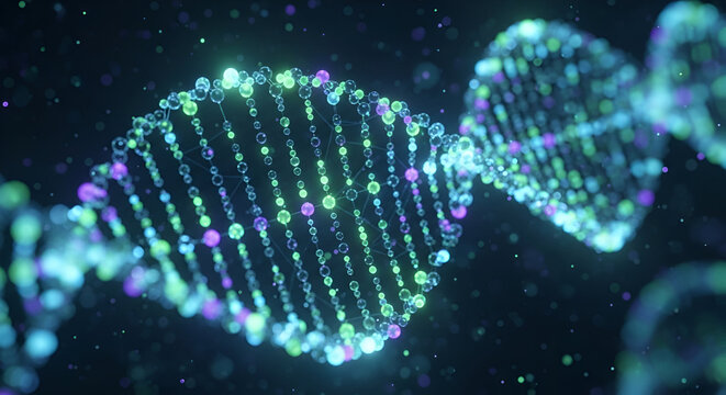Glowing DNA Helix with Particles in Dark Space double helix - Powered by Adobe
