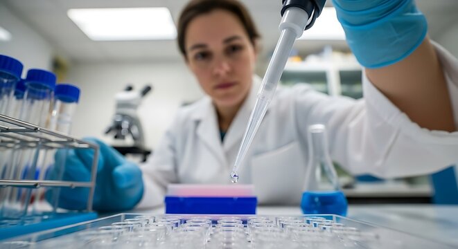 Female scientist precisely pipetting samples into a multi-well plate during a laboratory experiment, conducting advanced scientific research. - Powered by Adobe