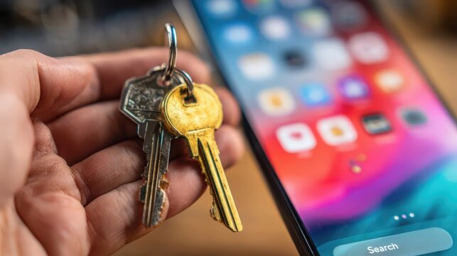 Hand holding two metal keys with a smartphone screen in the background showing colorful app icons.
