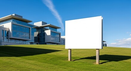 Modern house with blank sign on sunny day