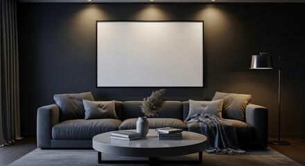 Modern living room with a large blank canvas above a grey sofa