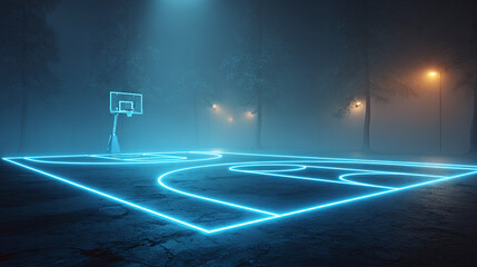 Fototapeta premium Illuminated basketball court in a misty night setting. The court is bathed in an eerie blue glow. 