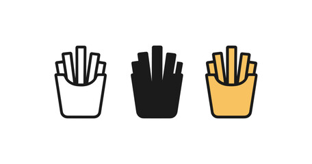 Minimal french fries icons in black, white, and yellow variants