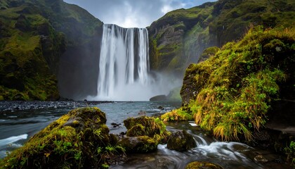 Powerful waterfall crashes amidst lush green cliffs and mossy rocks, water flowing in foreground