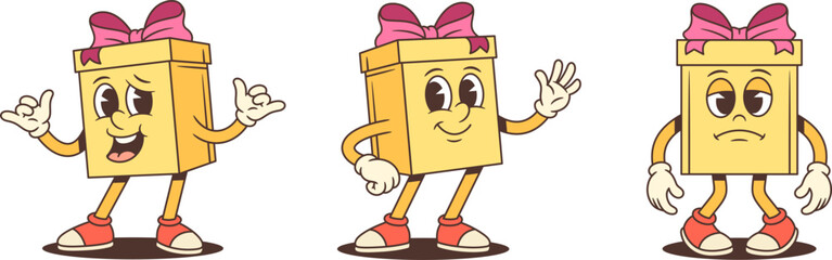 Three expressive cartoon gift box characters mascot vector illustration set. Showing shaka gesture waving hand and sad expression. Emotional range for advertising promotion storytelling