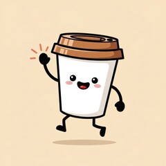 Cheerful cartoon coffee cup character waving, with a happy expression