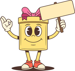 Cheerful cartoon gift box mascot vector illustration. Yellow present with pink bow, holding blank plaque, giving OK gesture. Ideal for advertising, sales, greeting cards, and emoji. Festive concept