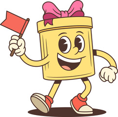 Cheerful cartoon gift box character mascot vector illustration. A yellow present with pink bow winking and waving a red flag. Ideal for advertising, greeting cards, and seasonal sales promotions