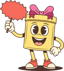 Cheerful cartoon gift box character mascot vector illustration. A yellow present with pink bow winking and holding a red star-shaped sign. Perfect for advertising campaigns, seasonal sales promotions