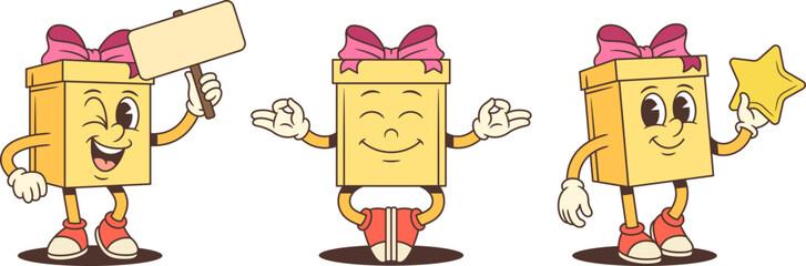 Three cartoon gift box characters mascot vector illustration set. Holding sign meditating pose and holding gold star. Varied poses for advertising promotion wellness theme Balanced engaging collection