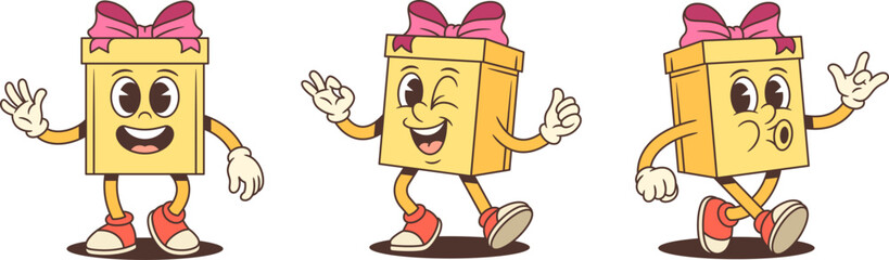 Three playful cartoon gift box characters mascot vector illustration set. Showing waving gesture OK sign and rock hand symbol. Energetic poses for advertising promotion. Fun vibrant collection