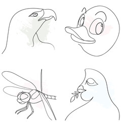 Minimalist Line Art Animal Bird Silhouettes with Splashes Keywords: eagle, continuous line art bundle