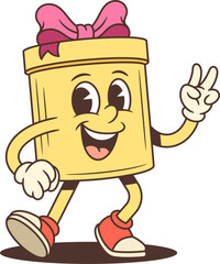 Joyful cartoon gift box character mascot vector illustration. Yellow present with pink bow makes victory sign gesture. Perfect for winning celebration advertising and holiday themes