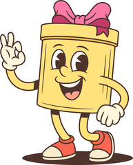 Cartoon gift box character mascot vector illustration making an OK hand gesture. Yellow present with pink ribbon in a confident pose. Perfect for approval messages and positive branding.