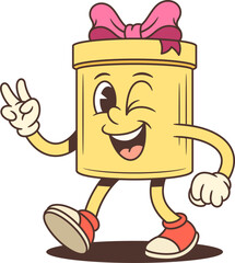 Playful cartoon gift box character mascot with victory pose and winking. Bright vector illustration for advertising, promotion, emoji, festive sale, loyalty program. Cute comic art