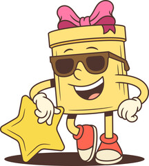 Playful cartoon gift box character mascot vector illustration leaning on a gold star. Yellow present with pink ribbon holds the star with a happy smile. Perfect for awards, achievements