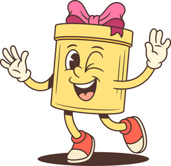 A cheerful cartoon gift box character mascot vector illustration. Yellow box is winking and waving. Perfect for branding, invitations, and web graphics expressing playful fun and excitement