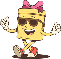 A cool cartoon gift box character mascot vector illustration wearing sunglasses and giving double thumbs up. Yellow present with pink ribbon walks confidently. Perfect for success themes