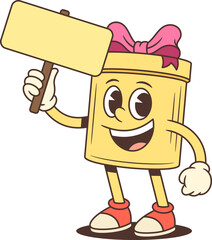 Friendly cartoon gift box character mascot vector illustration. Holding blank sign and waving invitation while wearing orange boots with pink bow. Perfect for promotional advertising