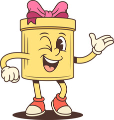 Cheerful cartoon gift box character mascot vector illustration. Winking and gesturing invitation with pink bow. Ideal for promotional advertising, festive events, and holiday emoji