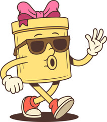 Stylish cartoon gift box character mascot vector illustration. Wearing sunglasses and waving while standing on one leg in red sneakers. Perfect for advertising promotions and festive events