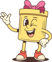 Playful cartoon gift box character mascot vector illustration. Winking with hand on hip and waving while wearing red sneakers. Ideal for advertising campaigns and festive promotions