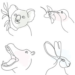 Minimalist Line Art Animals Koala Hummingbird Hippo Rabbit Watercolor Splashes continuous line art bundle