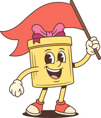 Playful cartoon gift box character mascot vector illustration. Bright yellow present with pink bow holds red flag. Festive holiday birthday design for advertising promotion emoji sticker