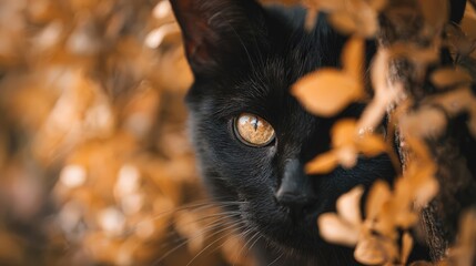 Close-up of a black cat with yellow eyes partially hidden behind dry brown leaves outdoors.