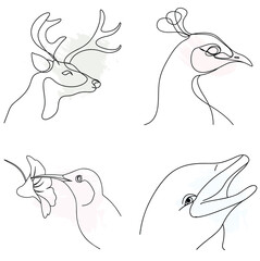 Minimalist Line Art Animal Portraits with Watercolor Splashes Keywords: deer, peacock, continuous line art bundle