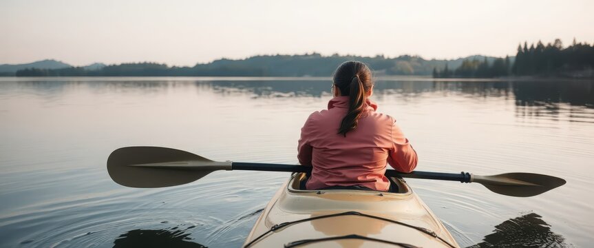 A young Hispanic woman with long brown hair paddles a kayak on a calm lake surrounded by trees and mountains during sunset.