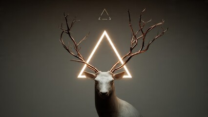 Majestic White Stag with Radiant Golden Triangle Aura and Abstract Copper Antlers, a Symbol of Mysticism and Modern Spirituality in a Dark, Minimalist Setting