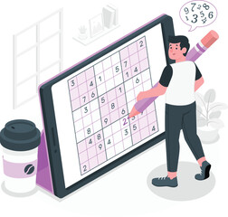 Person playing Sudoku on a tablet with a large pencil and coffee game puzzle