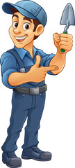 A brick layer mason builder cartoon man holding a masonry trowel and pointing
