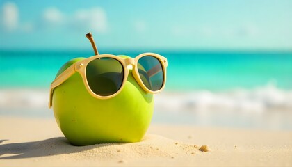 Fun summer concept of a green apple wearing sunglasses on the beach. Bright, creative, and eye-catching for lifestyle, health, and vacation themes.