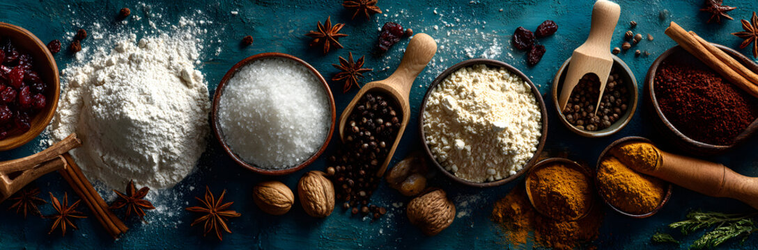 Christmas baking background with Ingredients for cooking xmas baking, dark blue background, top view banner - Powered by Adobe