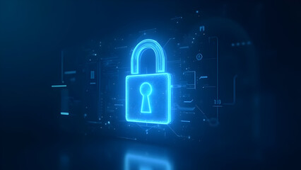 Digital lock graphic element for cybersecurity concept with blue light effect