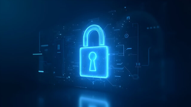 Digital lock graphic element for cybersecurity concept with blue light effect