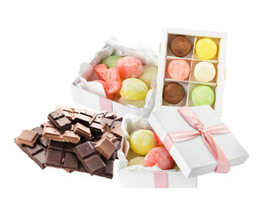 elegant presentation of assorted mochi balls and dark chocolate chunks within decorative boxes, appealing to gourmet dessert enthusiasts and gift buyers