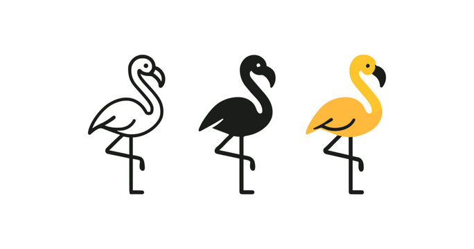 Trio of flamingo designs: outline, solid, and colorful illustrations